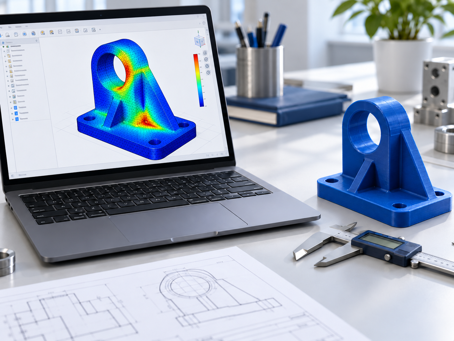 FEM-Simulation eines Bauteils auf dem Laptop und passender blauer 3D-Druck-Prototyp