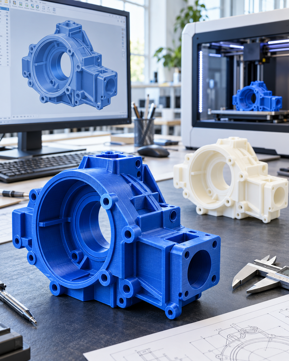 CAD-Modell und blaue 3D-Druck-Prototypen im modernen Studio