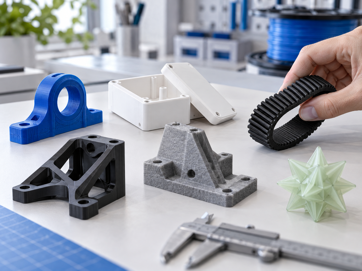 Illustrative Auswahl starrer und flexibler 3D-Druck-Bauteile auf einer hellen Werkbank