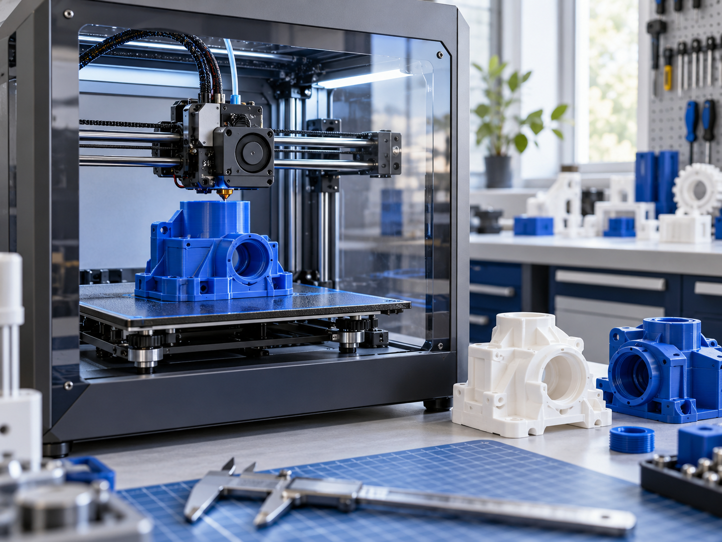 3D-Drucker fertigt ein blaues technisches Bauteil